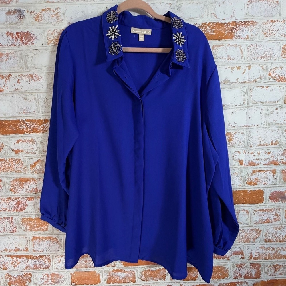 Woman Within Beaded Collar Blouse Womens 2X Blue Button Up Long Sleeve Top